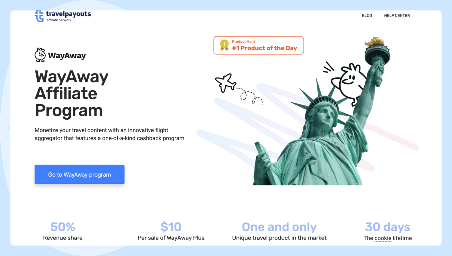 Screenshot of the WayAway affiliate program page featuring the Statue of Liberty and a plane flying in the background.