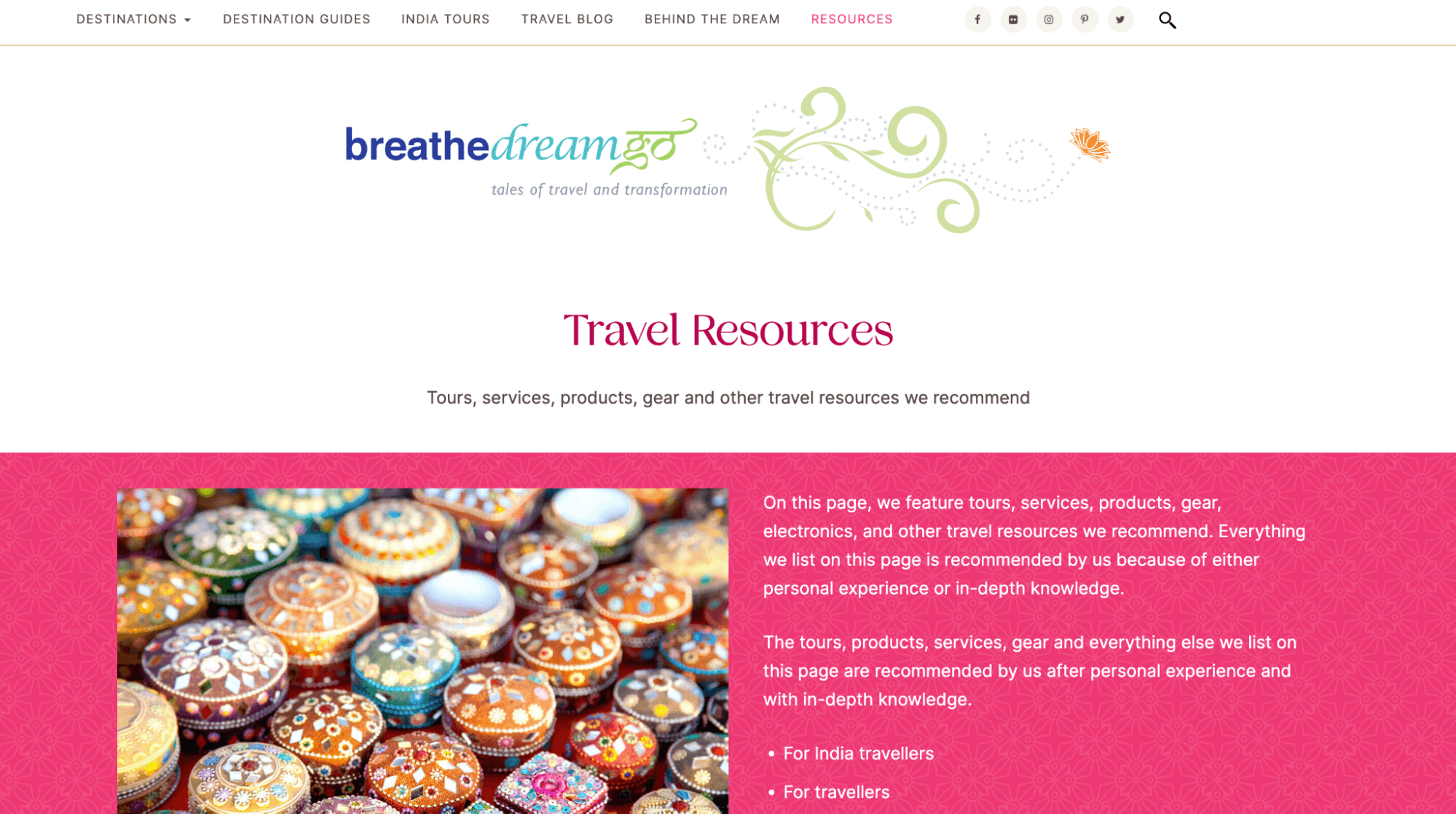 A screenshot of the travel resources page on the Breathe Dream Go travel blog featuring a photo of oriental boxes and a list of recommendations for travel services. 