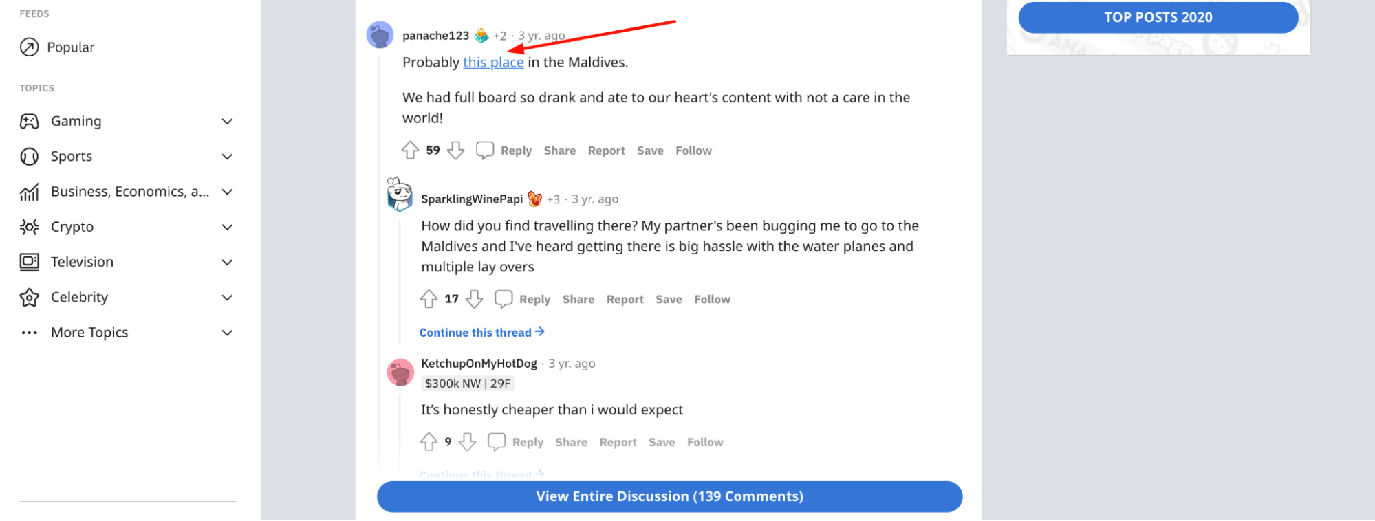 A screenshot of the discussion on Reddit featuring a link to the hotel website.