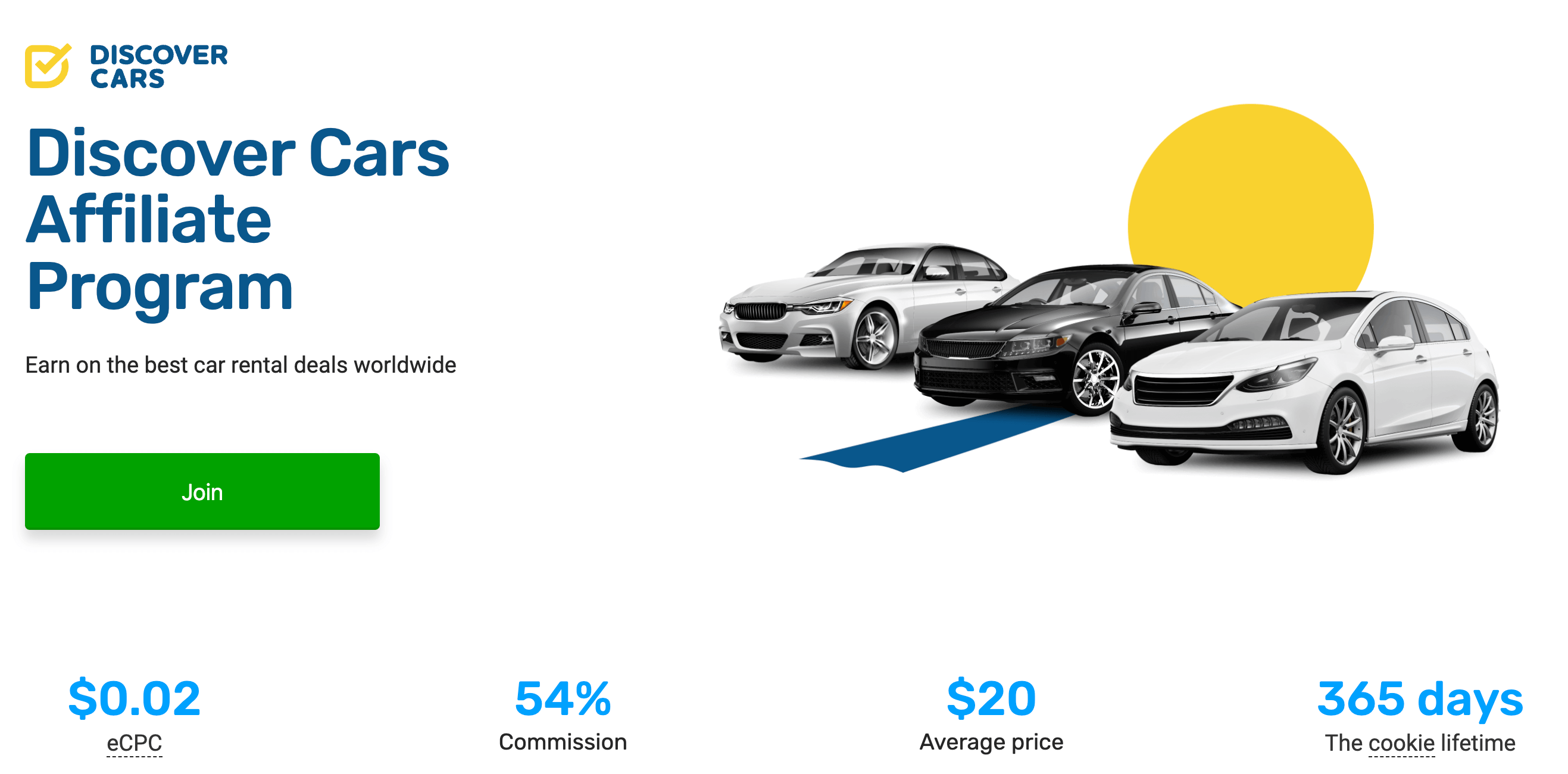 Screenshot of the Discover Cars Affiliate Program on Travelpayouts, featuring three cars, a “Go to Offer” button, and the eCPC, Commission, Average Price, and Cookie Lifetime.