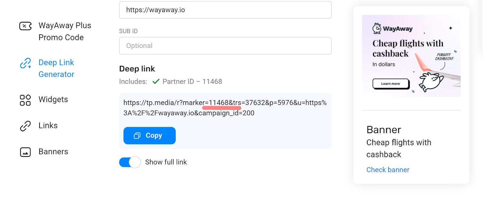 Example of an Affiliate Link Screenshot showing an example of an WayAway's affiliate link