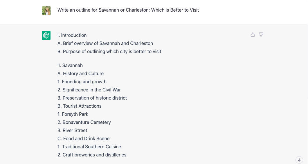 A screenshot of an outline ChatGPT created about whether Savannah or Charleston is a better city to visit.