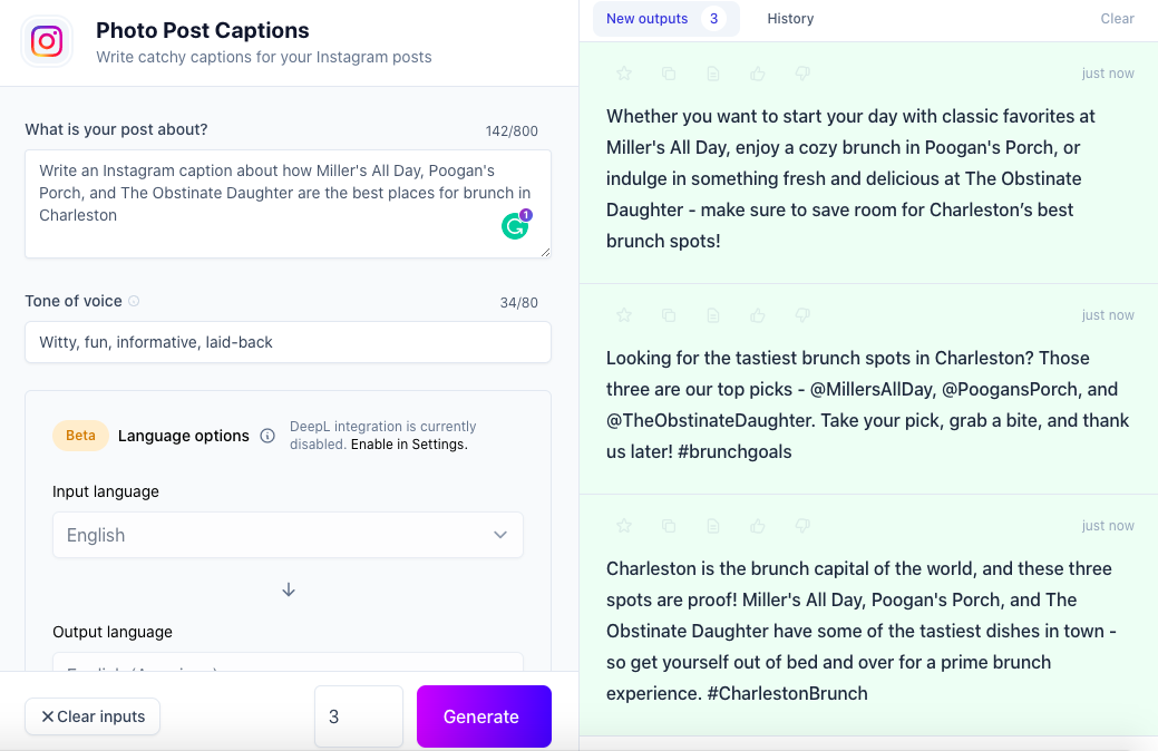 An input and output of Instagram captions created by Jasper AI about the best places for brunch in Charleston.
