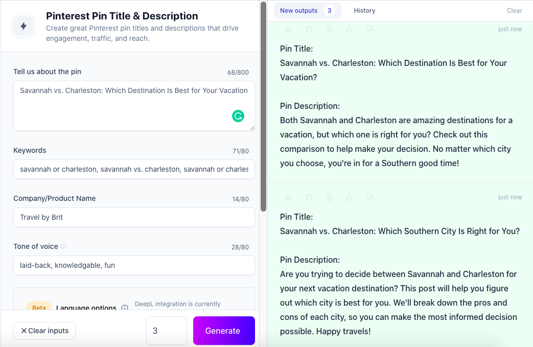 A screenshot of the input and outputs of captions and headers from Jasper AI for Pinterest about “Savannah vs. Charleston: Which Is Best for Your Vacation.”