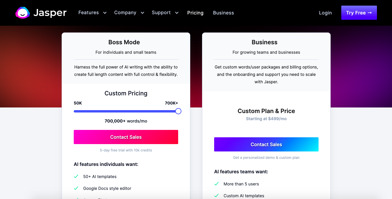 A screenshot of the Boss Mode and Business pricing plans for Jasper AI.
