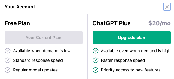 A screenshot of the Free Plan and ChatGPT Plus pricing plans.