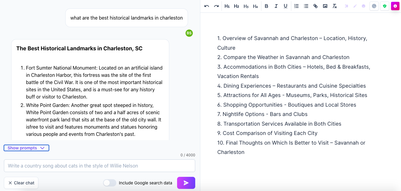 A screenshot of “Chat Mode” on ChatGPT, featuring an outline about “Savannah vs. Charleston,” which is best to visit, and information about the best historical landmarks in Charleston, SC.