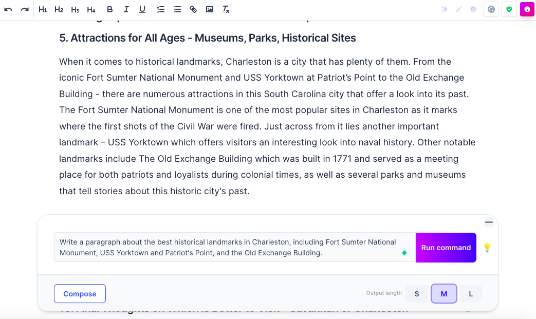 A screenshot of a paragraph in Jasper AI talking about the best attractions, historical sites, and museums in Charleston, SC.