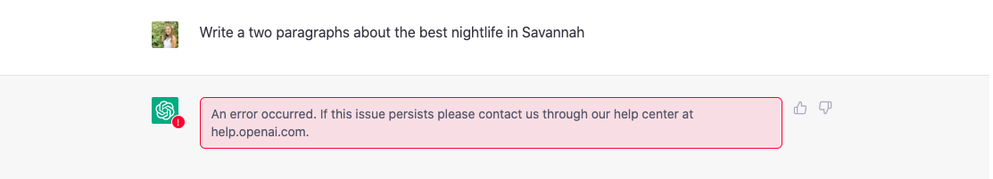 An error message on ChatGPT