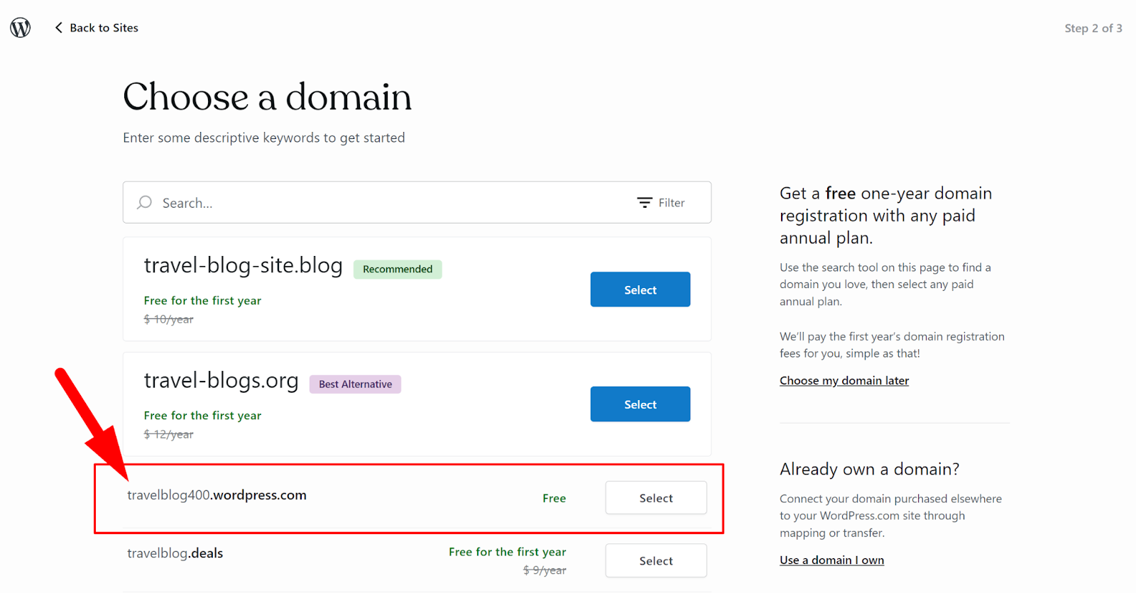 Example of choosing domain on wordpress.com
