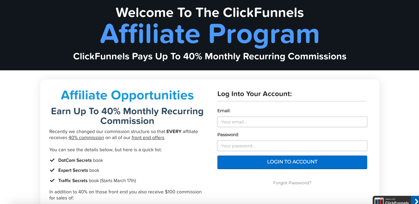 Screenshot of the ClickFunnels Affiliate Program, listing the program features and a sign-up form to log into the affiliate account.