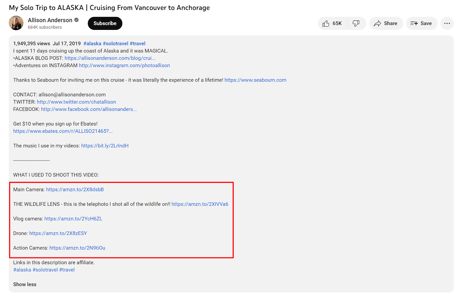 Example of affiliate links on a YouTube channel Example of affiliate links on a YouTube channel