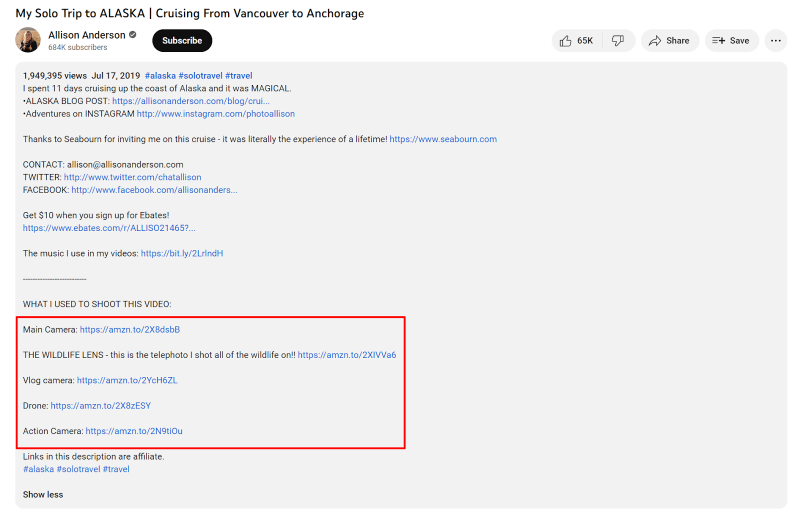 Example of affiliate links on a YouTube channel