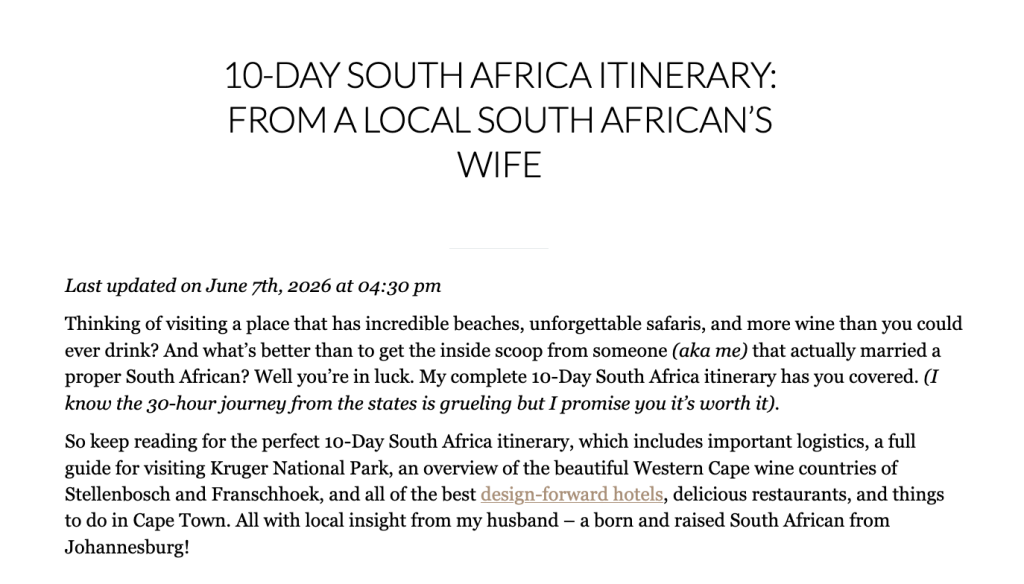 An excerpt from the “10-Day South Africa Itinerary: From a Local South African’s Wife” article with the last updated date showing June 7th, 2026