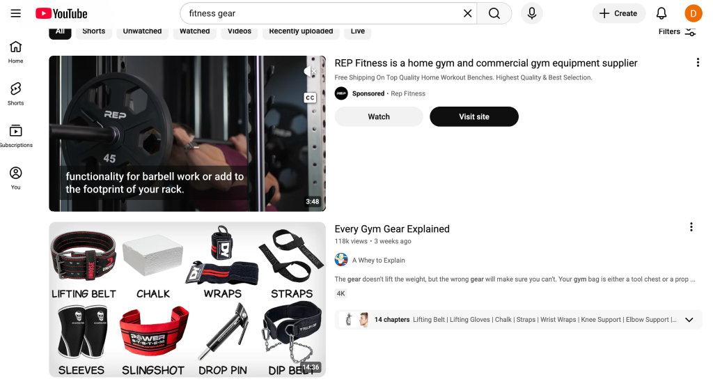 Top YouTube search results for “fitness gear” showing a sponsored 3-minute-long video from Rep Fitness