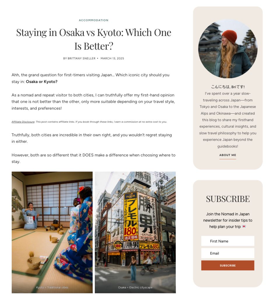 An excerpt from the “Staying in Osaka vs Kyoto: Which One Is Better?” article on the Nomad in Japan blog showing photos from the two cities side-by-side