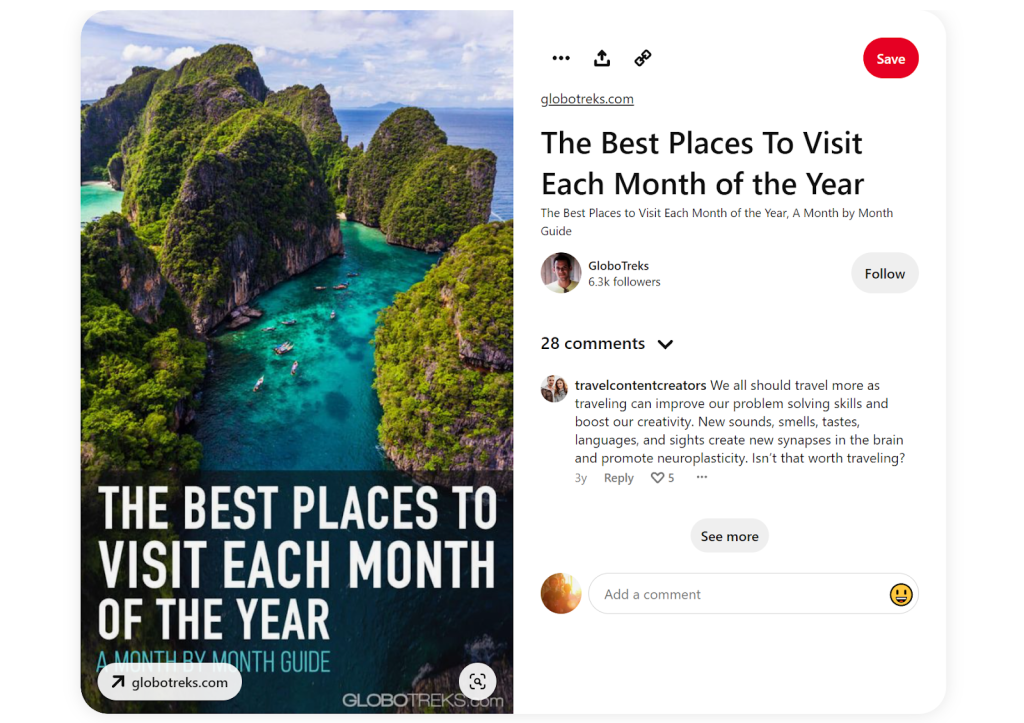 An example of a Pinterest link A Pinterest post with the title "The Best Places To Visit Each Month of the Year" with a link to a blog