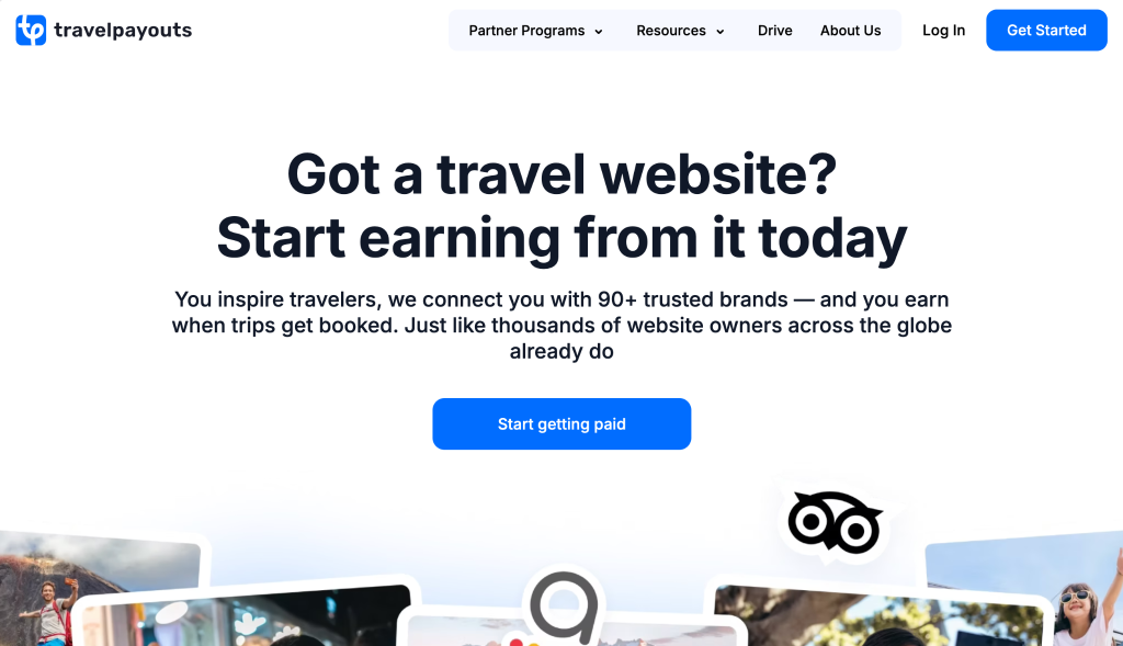 Travelpayouts homepage with the headline “Got a travel website? Start earning from it today” and a CTA button to start getting paid