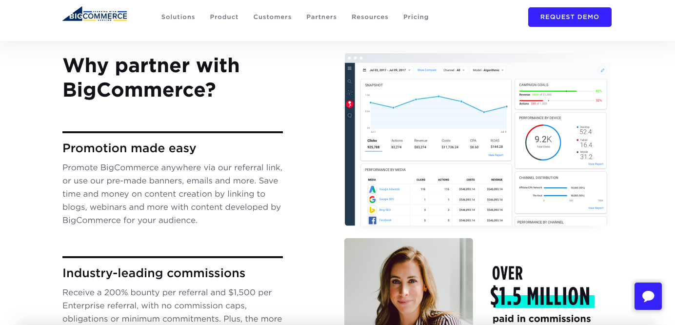 Screenshot of the reasons to partner with BigCommerce on the BigCommerce website, featuring graphs, analytics, and a testimonial.