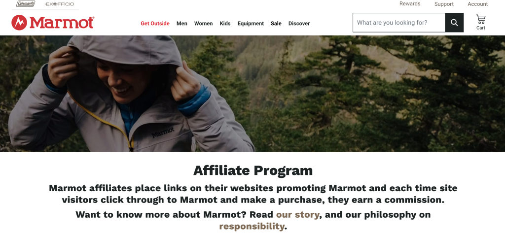 A Marmot affiliate program page with a photo of a smiling person wearing a raincoat
