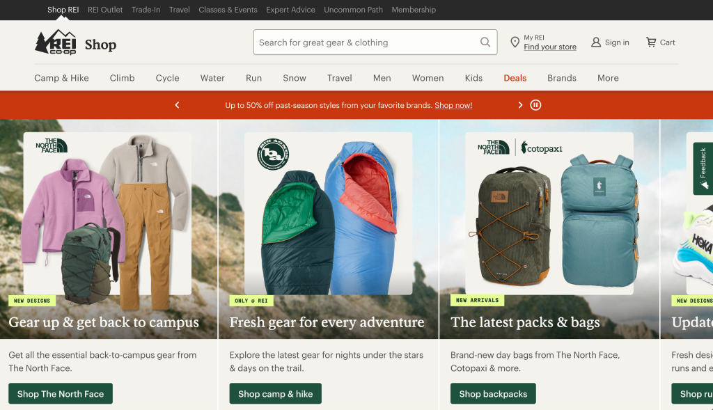 REI website main page with options to shop North Face products, camping and hiking gear, backpacks, and more