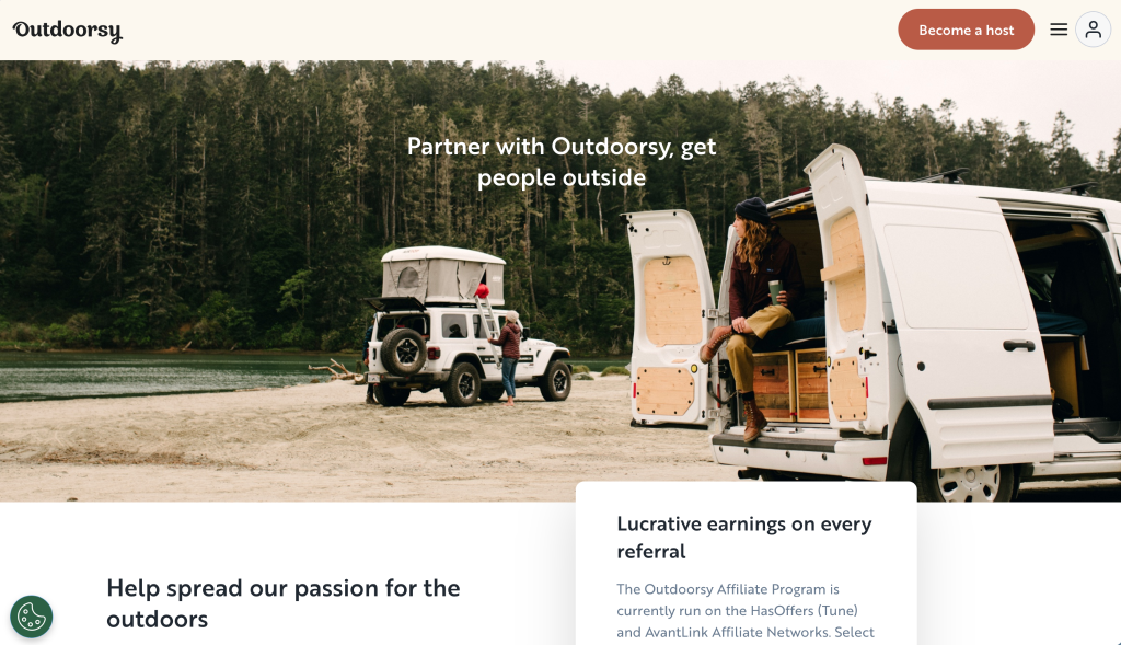 Outdoorsy affiliate program page with the banner text “Partner with Outdoorsy, get people outside”