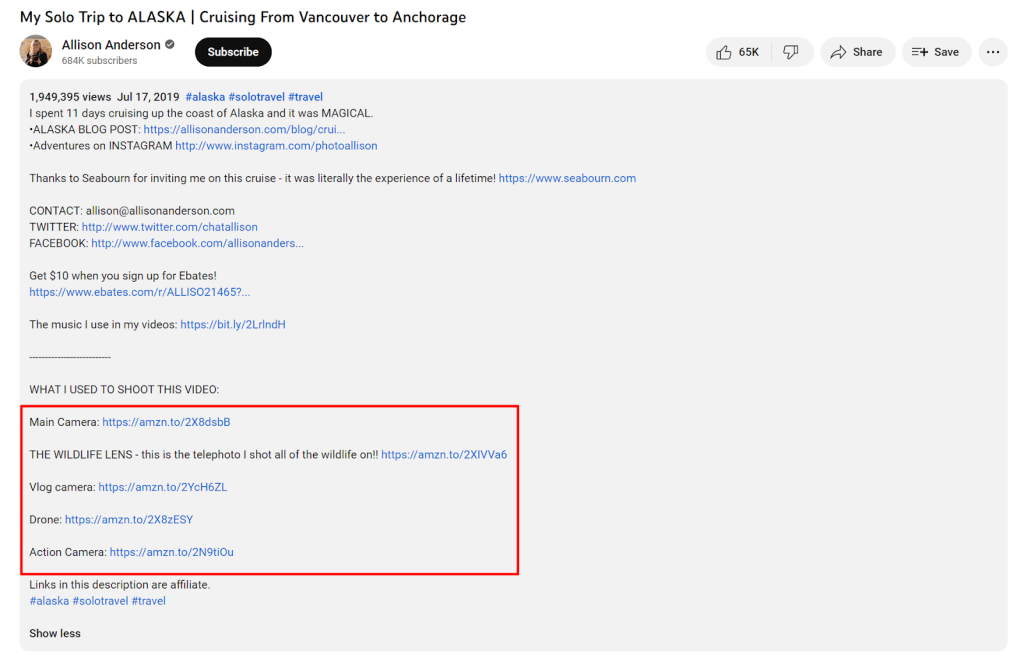 Example of affiliate links on a YouTube channel Example of affiliate links on a YouTube channel