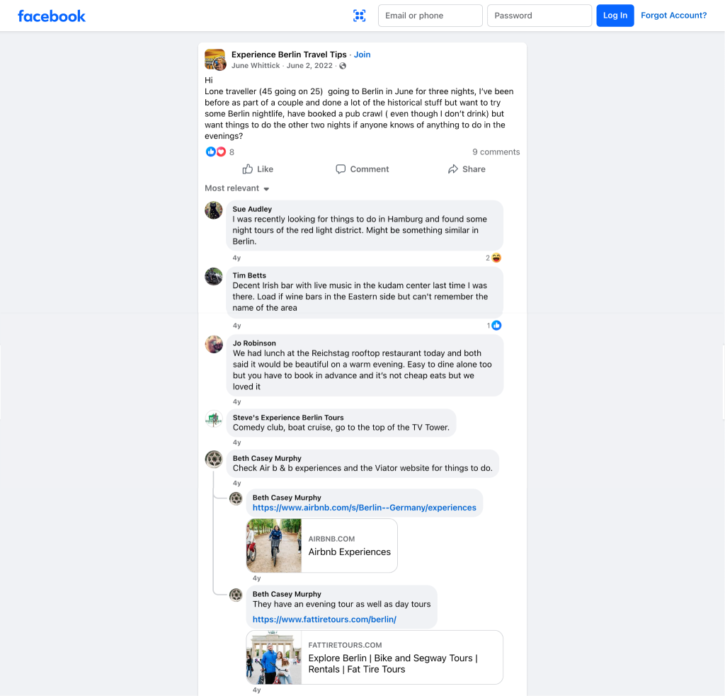 Links to travel services in the comments of a Facebook post