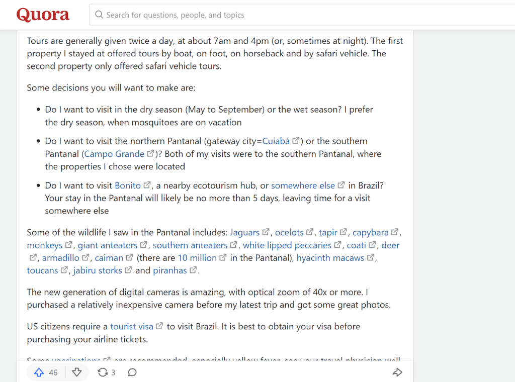 Example of links in a Quora answer Links in a Quora answer about visiting Brazil
