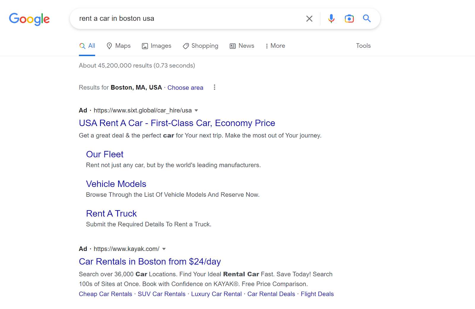 Screenshot showing examples of paid ads on car rental in Boston