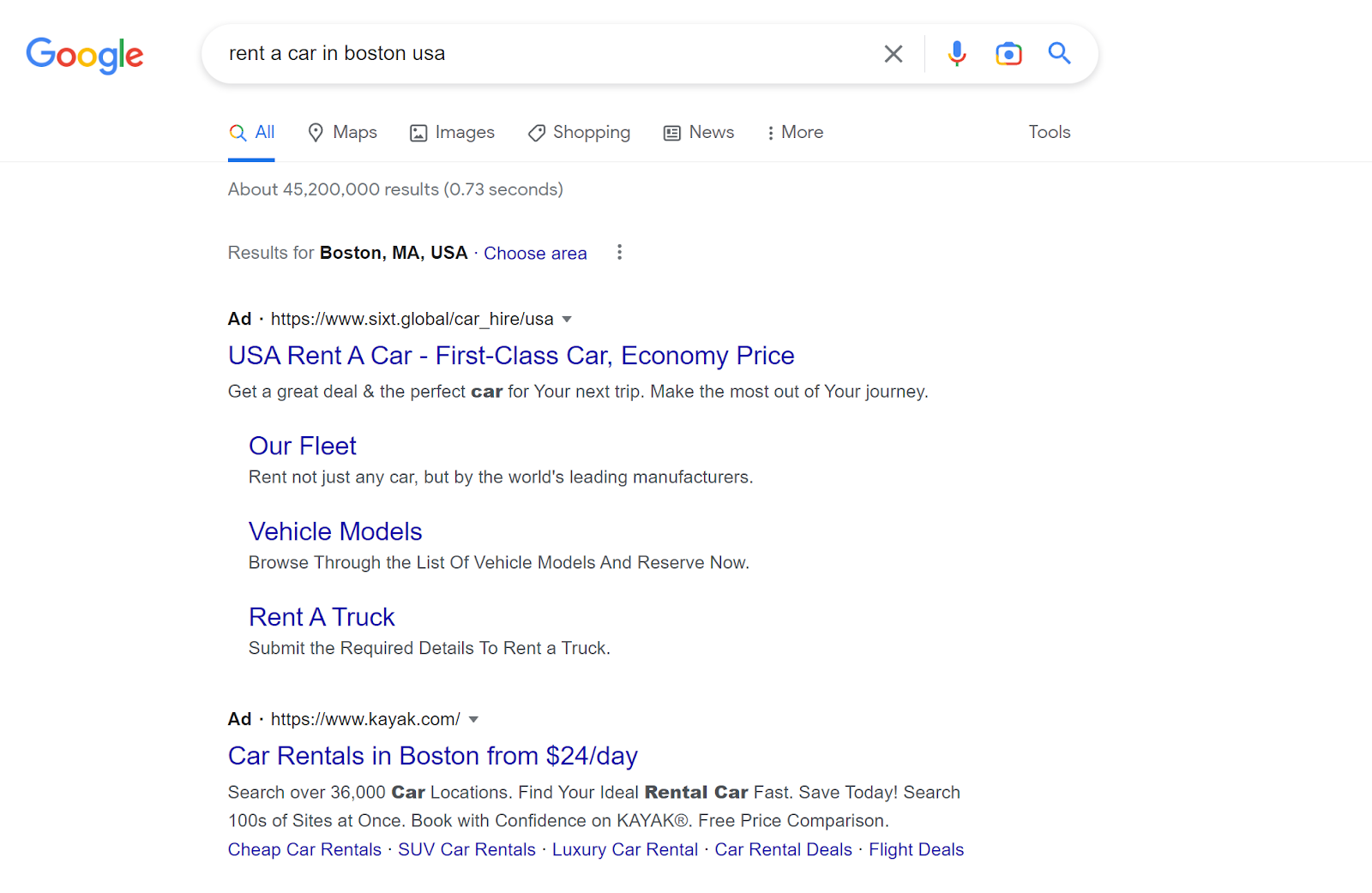 Examples of Paid Ads Screenshot showing examples of paid ads on car rental in Boston