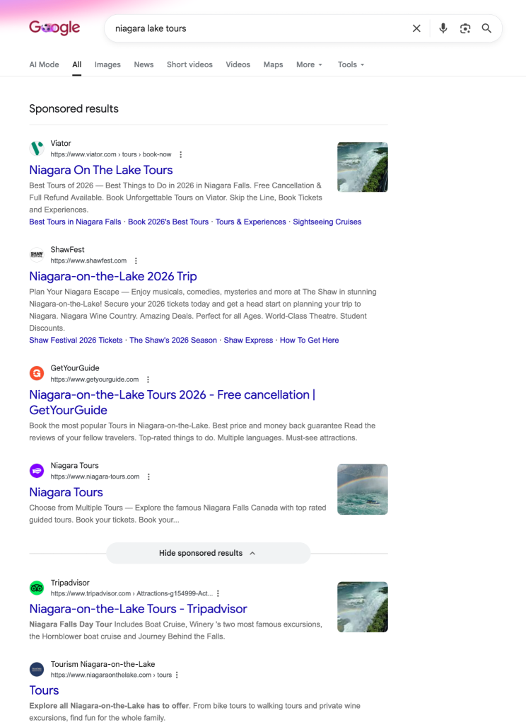 Top Google search results for “niagara lake tours” showing four sponsored results before the other indexed pages