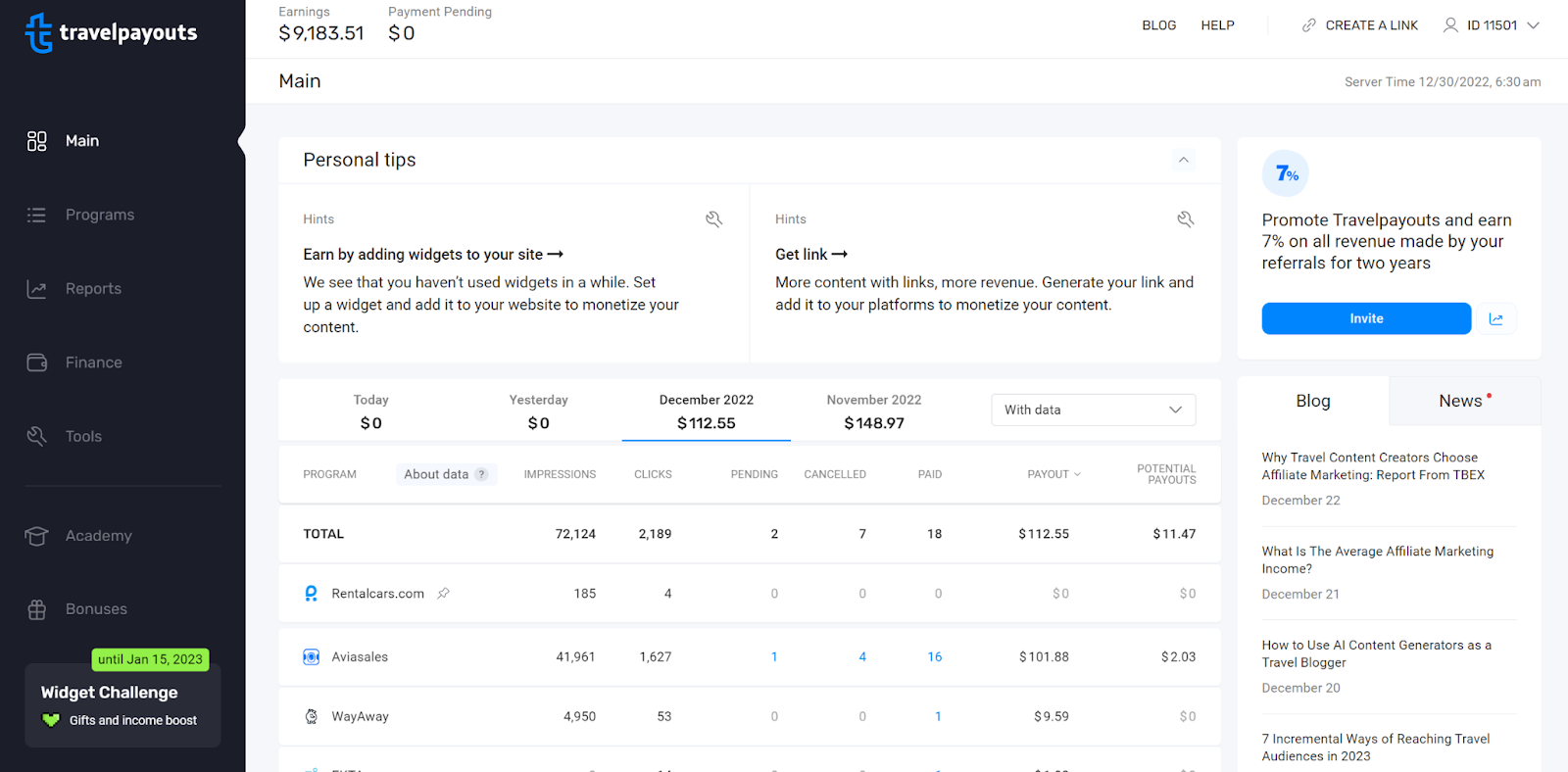 Screenshot showing a Travelpayouts' personal account with income information