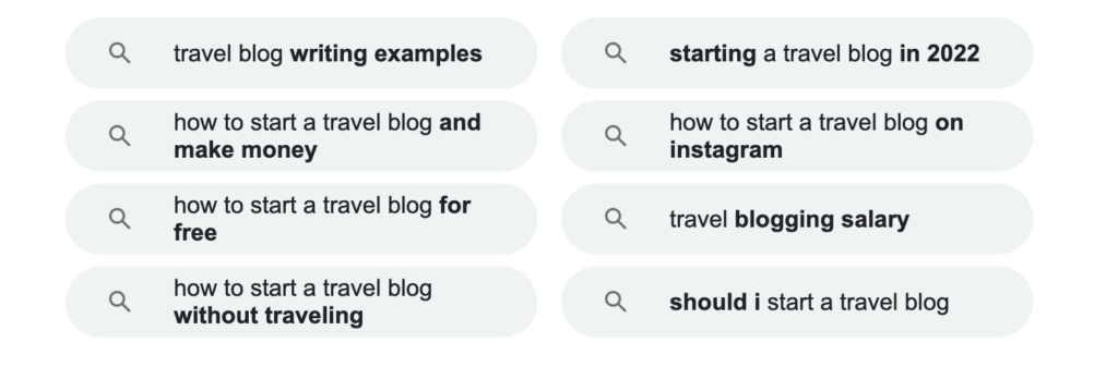 A screenshot of related search suggestions on Google