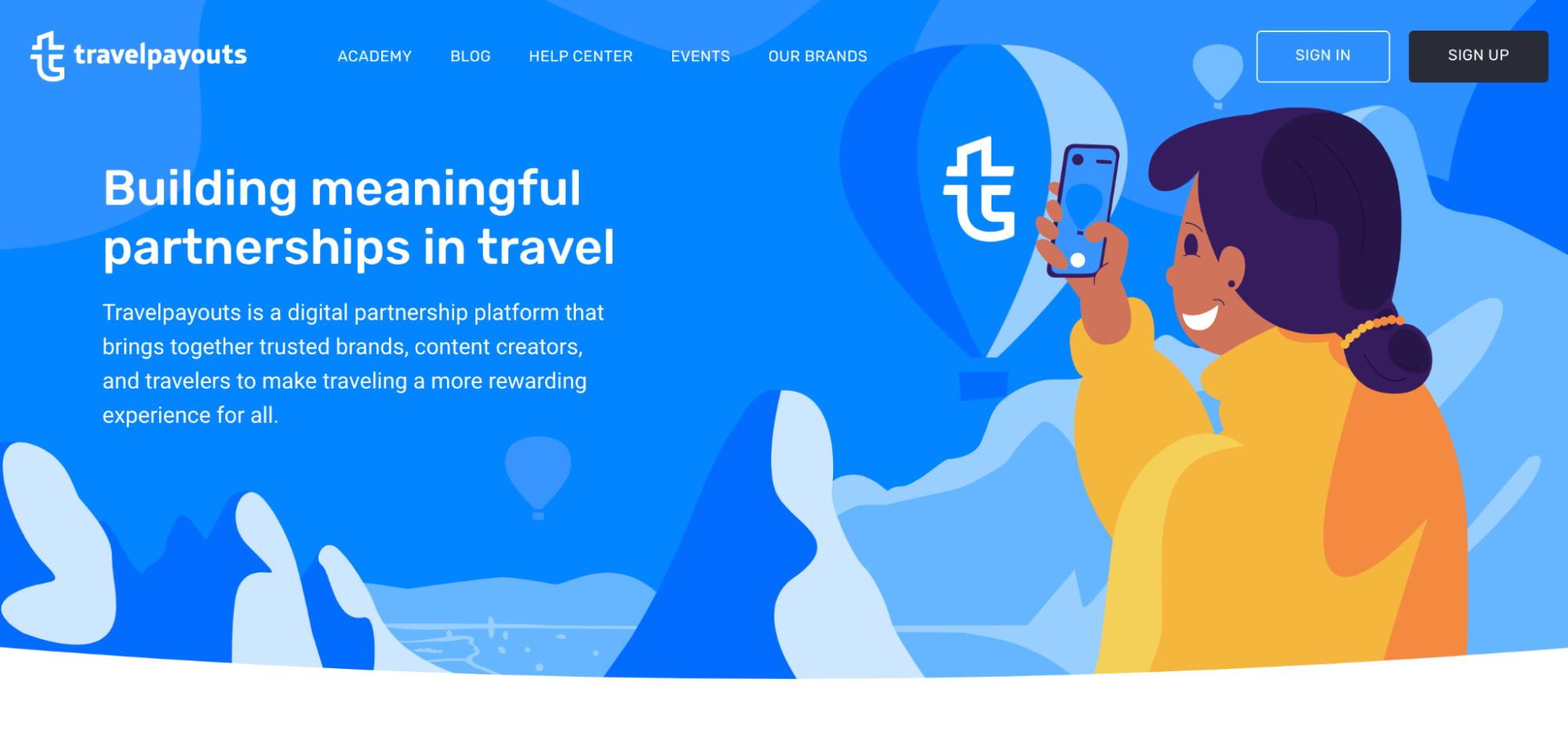 The image displays the Travelpayouts “About” page with a graphic of a woman on a phone plus text describing what Travelpayouts does and how they bring together trusted brands, content creators, and travelers.
