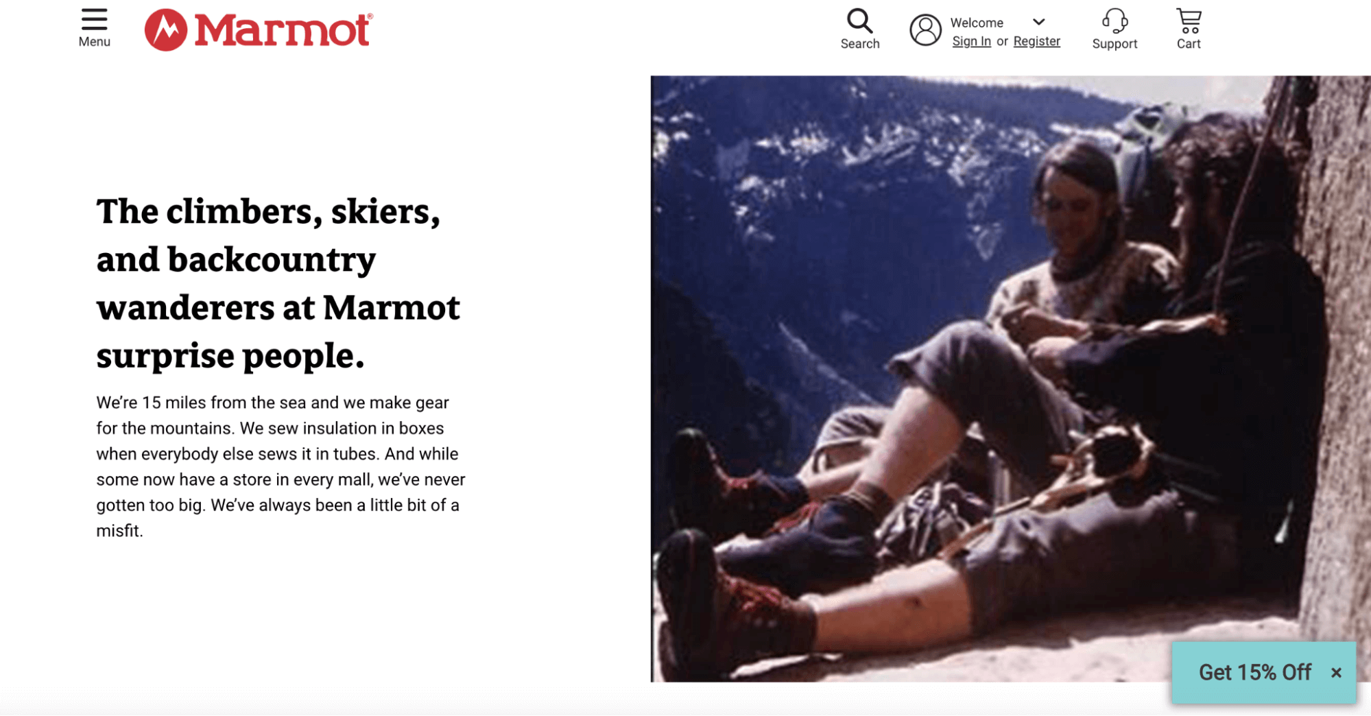 The image displays the “About” page of Marmot with an original photo of the two founders resting along a mountainside in Alaska. The page describes the innovative approach Marmot brings to the outdoor gear market.