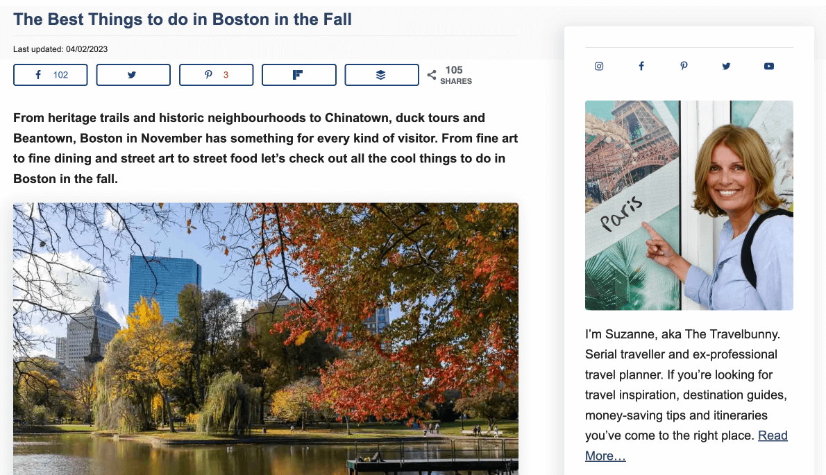 Screenshot showing page with article about Boston on thetravelbunny.com