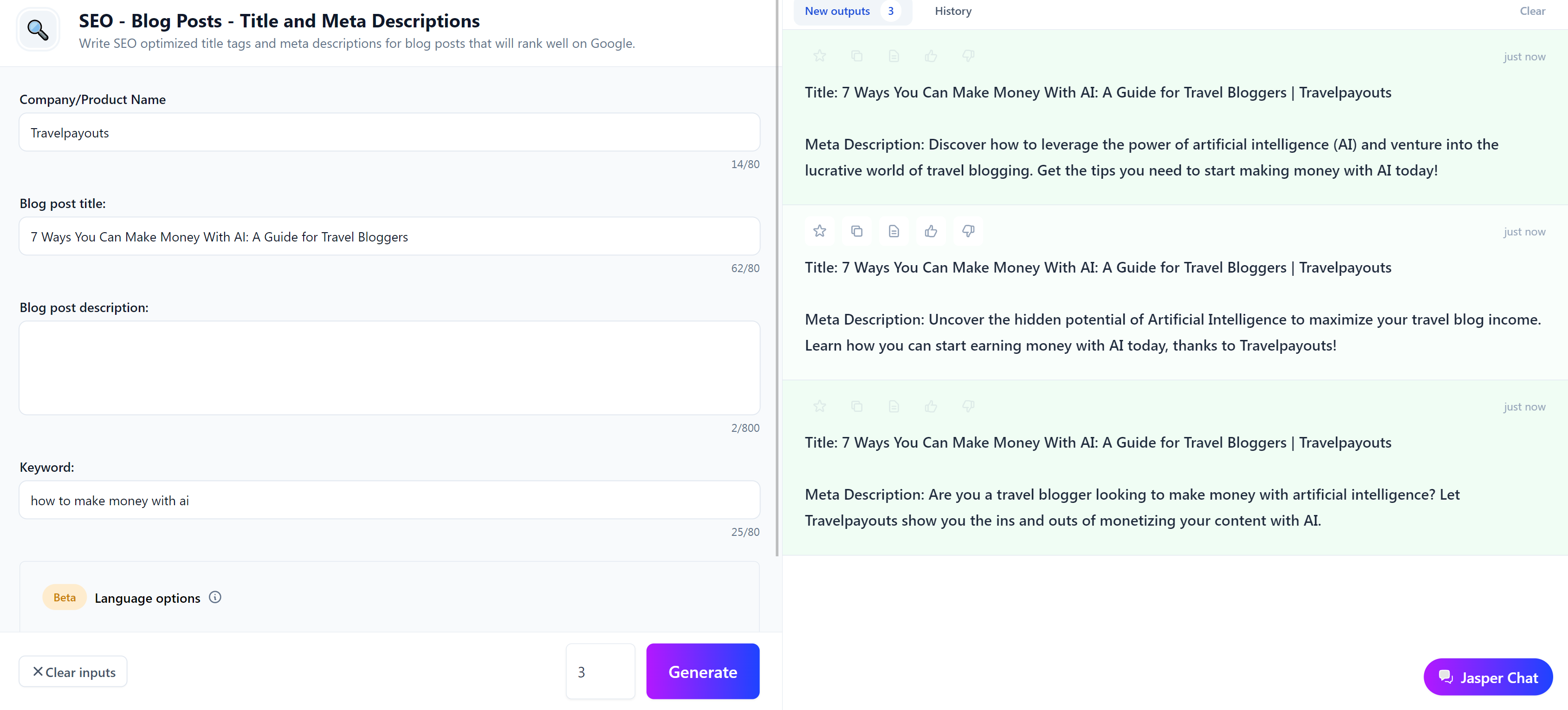 A screenshot featuring Japser.ai Titles and Meta descriptions template
