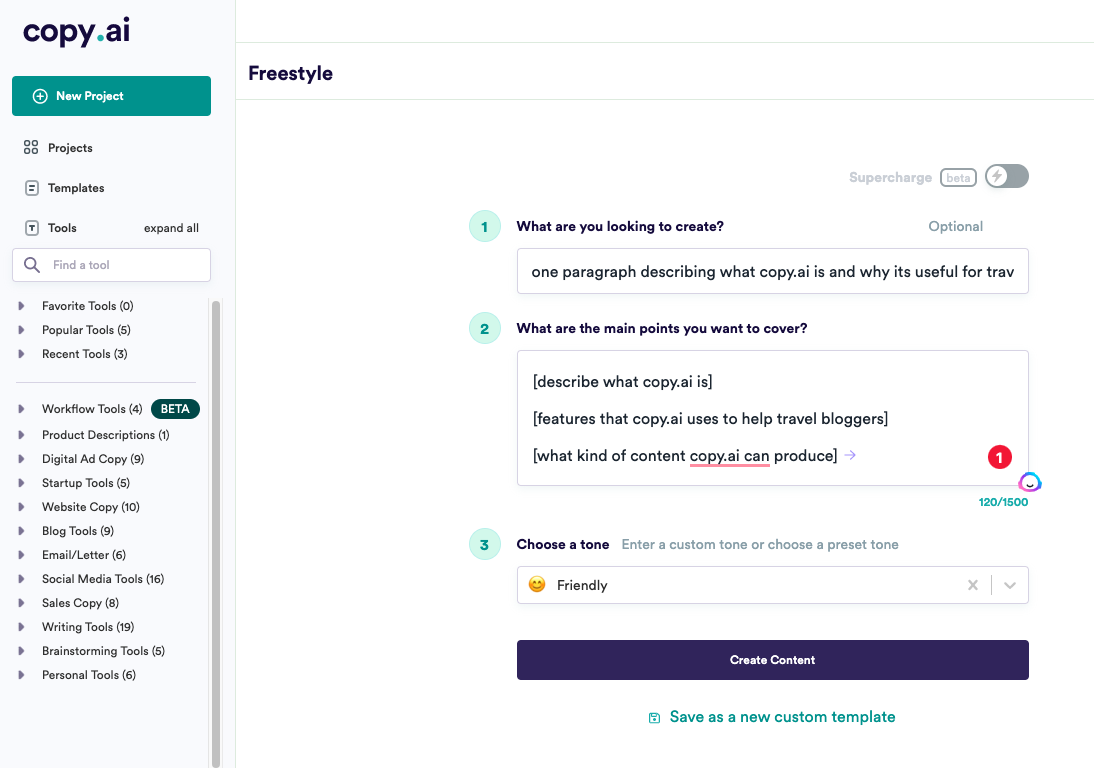 The image displays how to input information into Copy.ai’s freestyle mode. The first step is to describe what you are trying to create, followed by the main points you want to cover and the choice of tone.