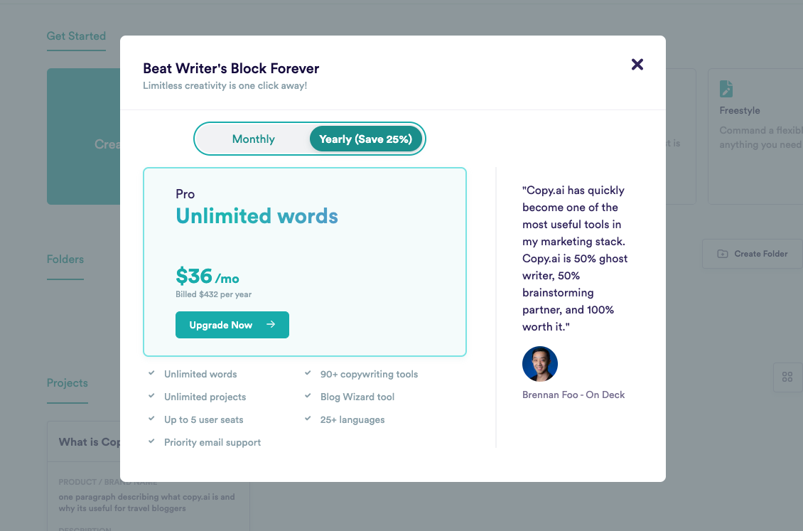 The image displays the Pro Plan payment method on Copy.ai. The advertisement in the image highlights the unlimited words feature for premium subscribers.