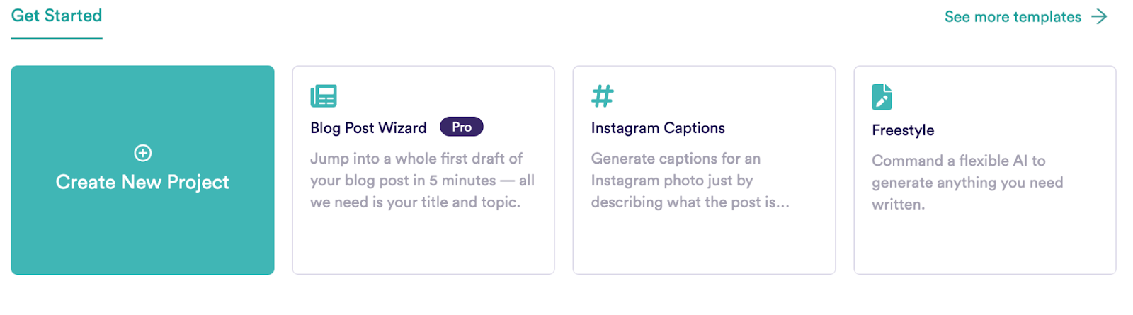 The image displays a button to create a new project or use one of the most popular tools, including Blog Post Wizard, Instagram Captions, or Freestyle.