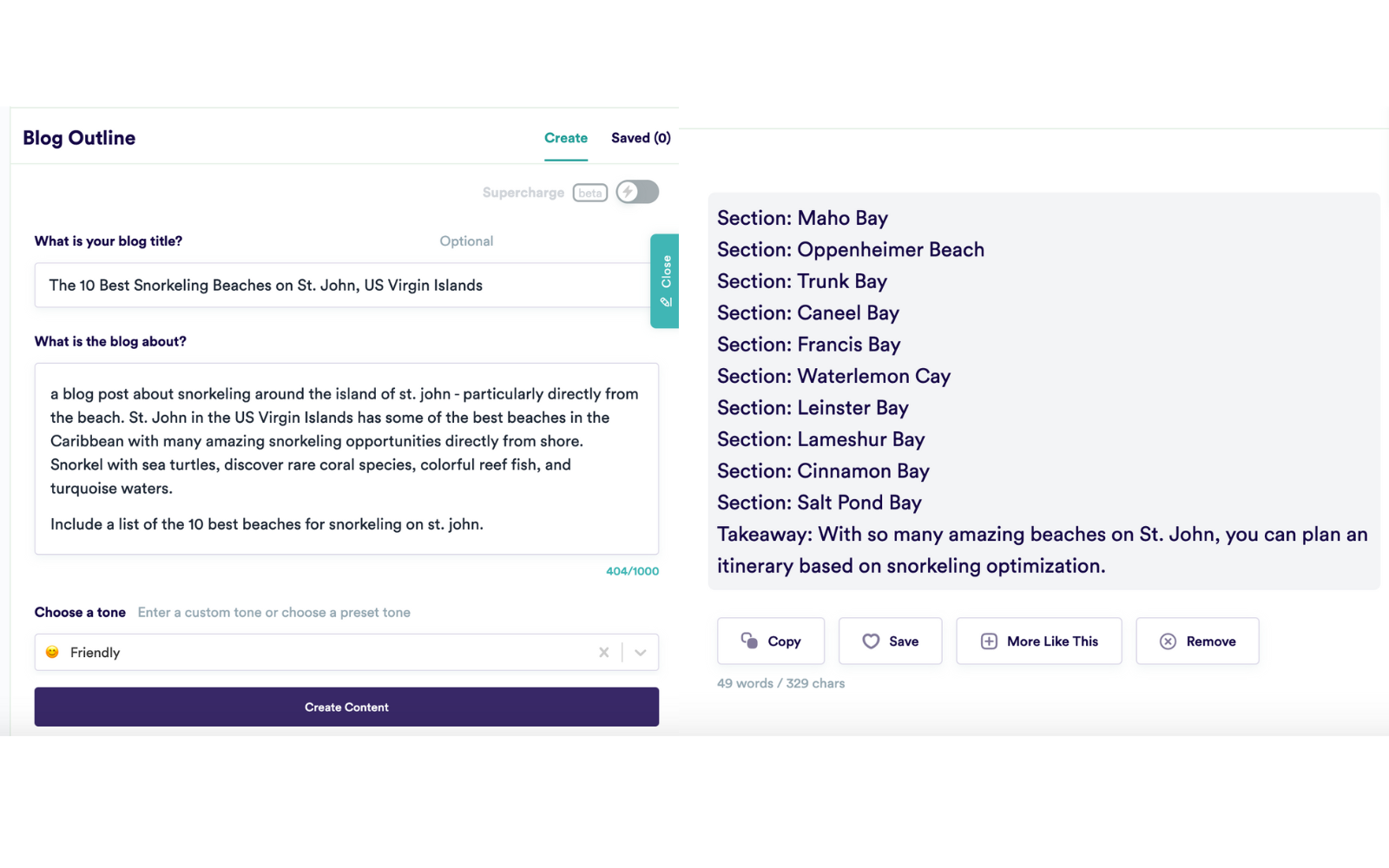 The image displays a blog outline generated by Copy.ai. On the left are the inputs where the writer enters the blog title and description of the post. On the right is the output via AI technology.