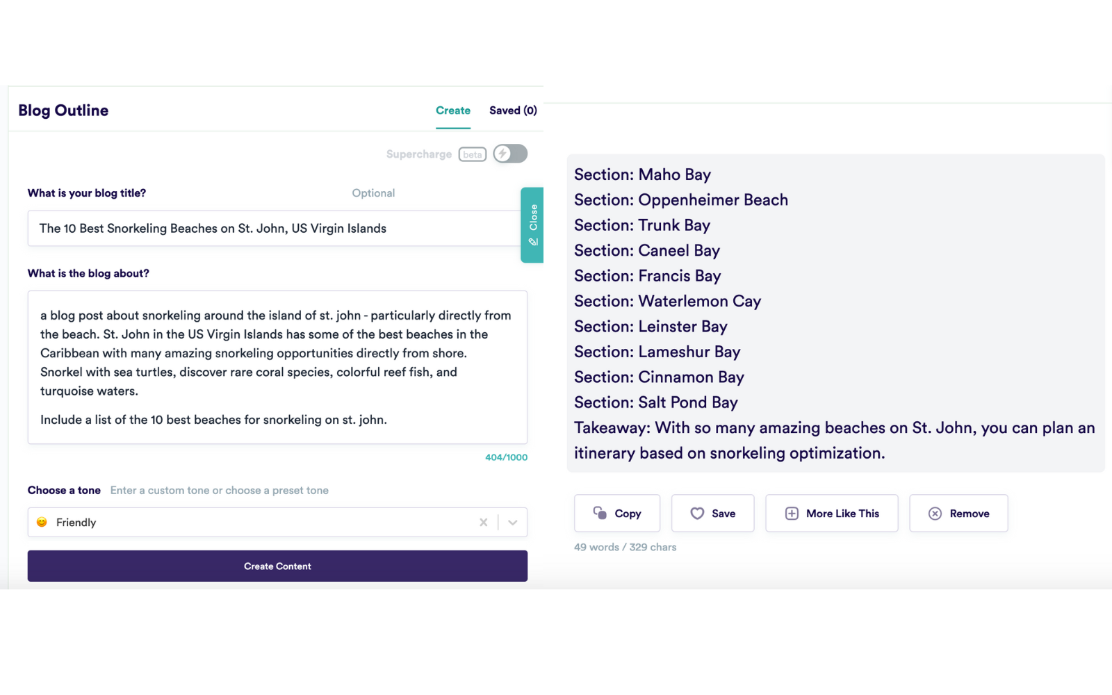  The image displays a blog outline generated by Copy.ai. On the left are the inputs where the writer enters the blog title and description of the post. On the right is the output via AI technology. 