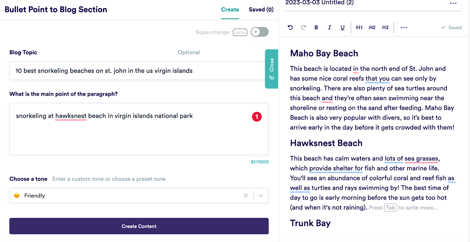 The image displays the template, Bullet Point to Blog Section, on Copy.ai. The left side has three inputs, including the blog topic, the main point of the paragraph, and the tone of voice. On the right, the AI generated a section for each point.