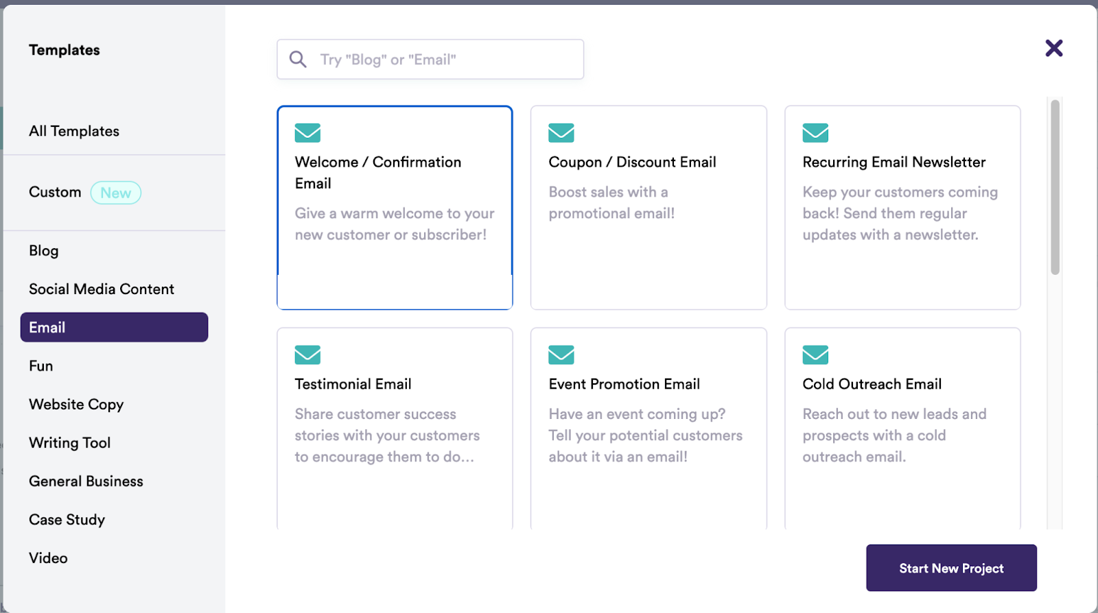 The image displays six different email templates for content creation on Copy.ai. The six buttons display email templates on welcome, coupon, newsletters, testimonials, events, and cold outreach emails.
