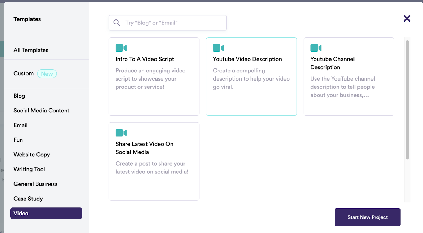 The image displays four templates for video copy creation, including an intro to a video script, YouTube video descriptions, YouTube channel descriptions, and an option to share your latest video on social media.