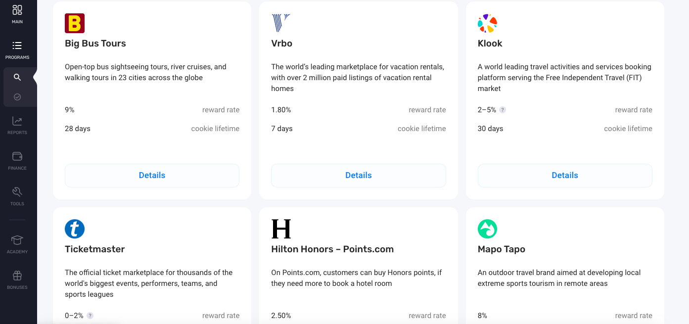 A screenshot of six programs you can join on Travelpayouts — Big Bus Tours, Vrbo, Klook, Ticketmaster, Hilton Honors, and Mapo Tapo — and their reward rate and cookie lifetime.