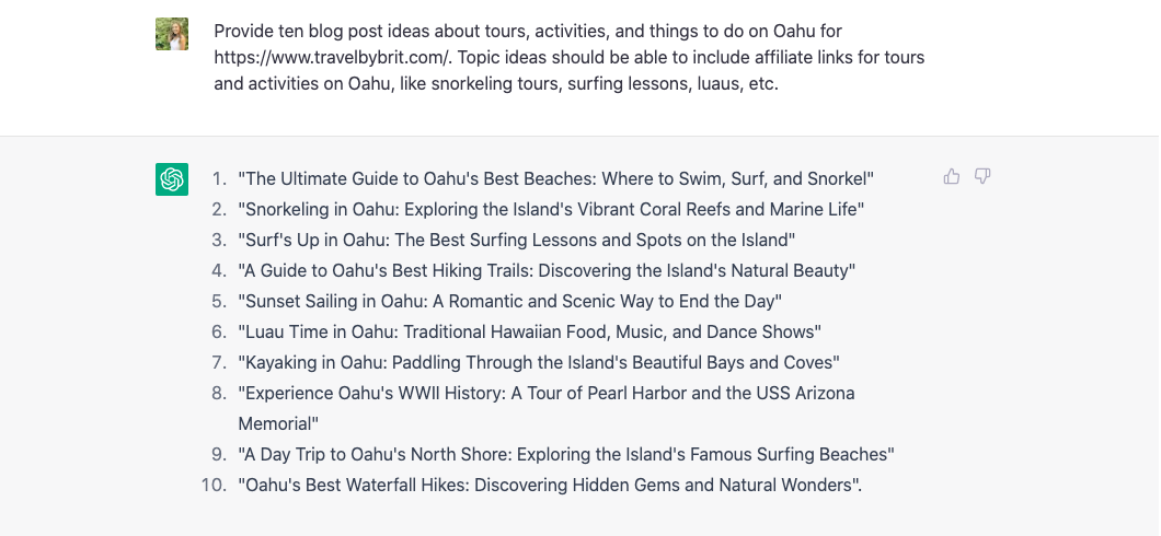 A screenshot of ten topics for a travel blog generated by ChatGPT.