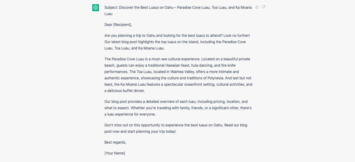 A screenshot of an email written by ChatGPT about the best luaus on Oahu, including Paradise Cove Luau, Toa Luau, and Ka Moana Luau.
