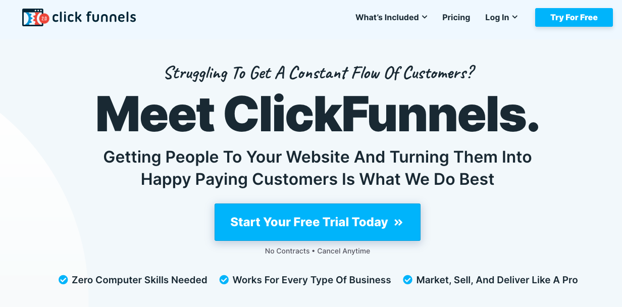 The image displays the homepage of ClickFunnels, a digital marketing company. The company states they get people to your website and turn them into paying customers before asking users to start a free trial.
